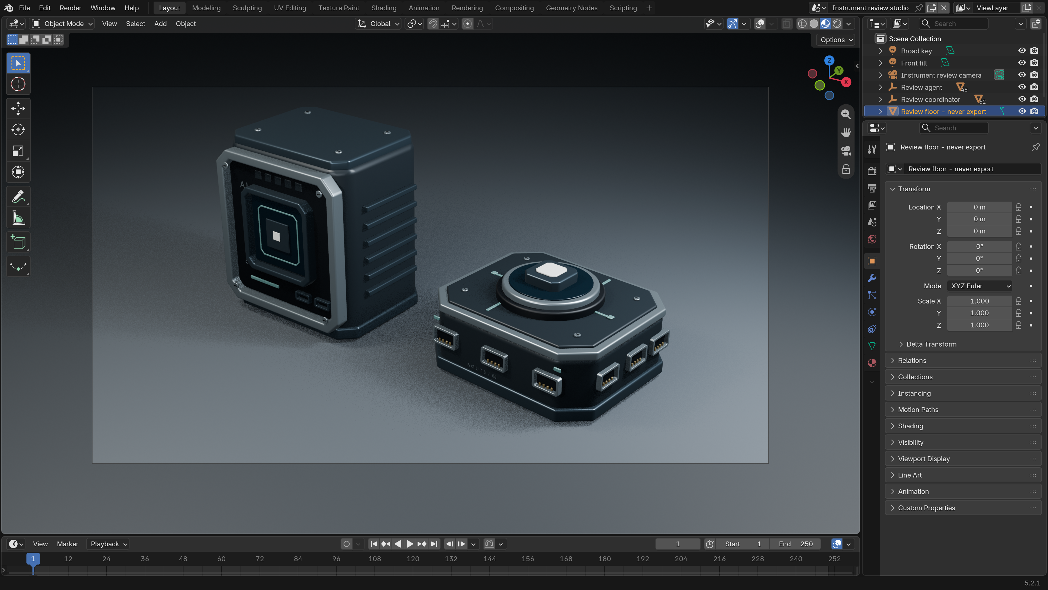 Blender material preview showing studio lighting on the compute and routing prototypes.