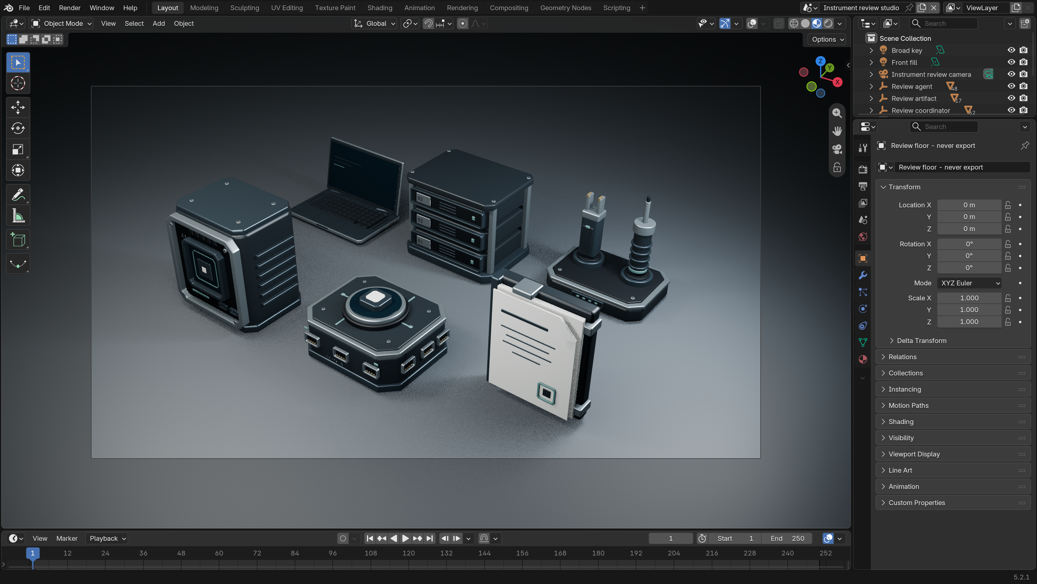 All six custom role models arranged together in the Blender editor before optimization.