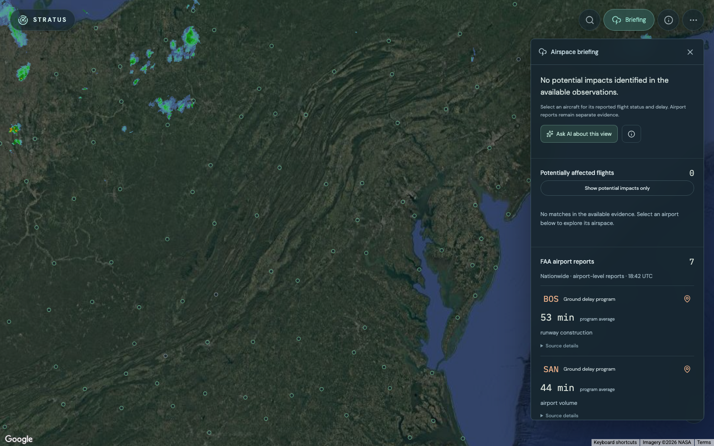 Stratus briefing panel showing FAA airport reports and ground delay programs beside the satellite map
