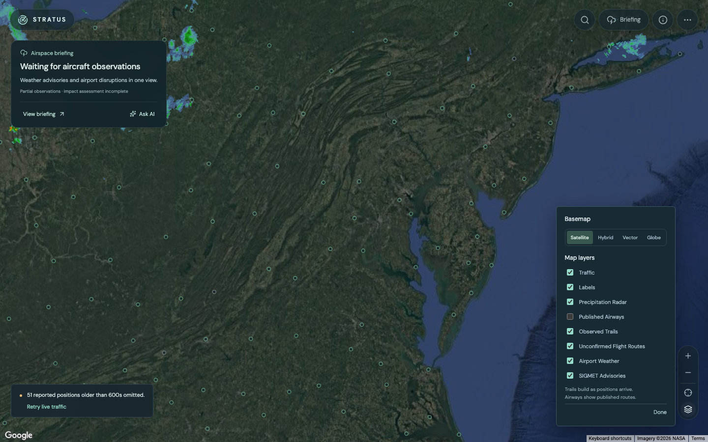 Stratus map controls for basemaps, traffic, precipitation radar, airways, observed trails, airport weather and SIGMET advisories