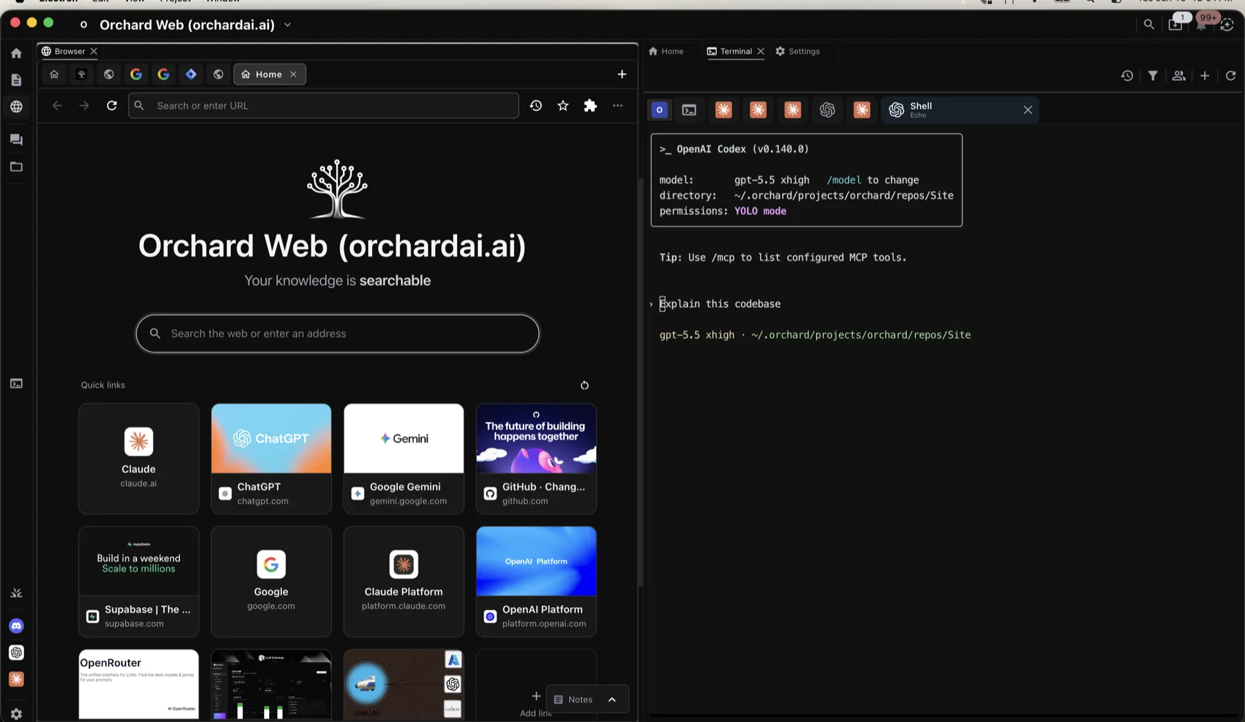Orchard desktop with its browser next to a Codex terminal.