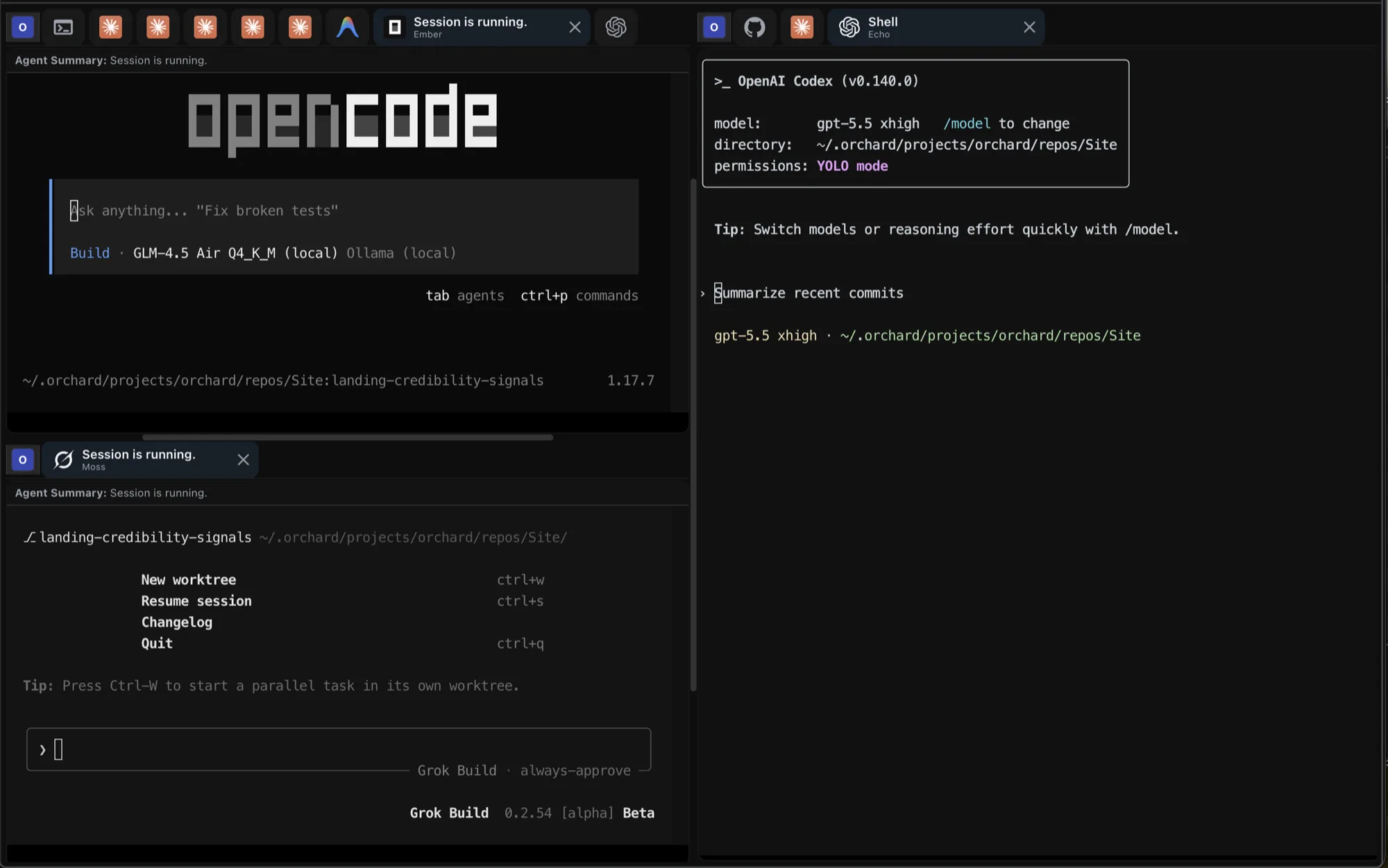 OpenCode, Grok Build, and Codex displayed side by side inside Orchard.